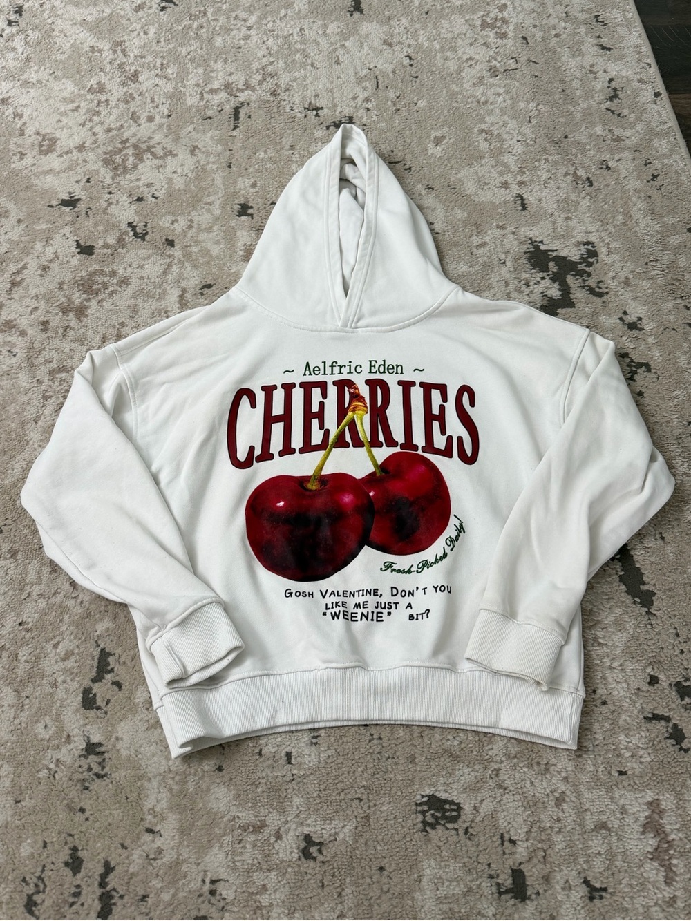Aelfric Eden white hoodie with red cherries graphic and text size small